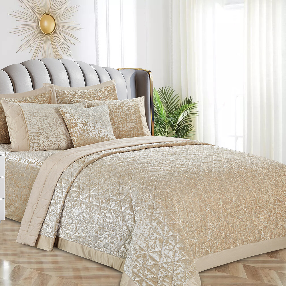 3PCs Luxury High Quality Crushed Velvet Bedspread Quilted Bed Throw