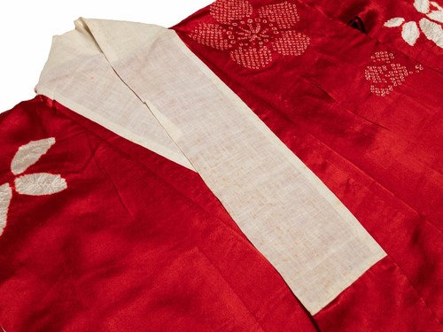Vintage Nagajuban Kimono Unterkleid rot Seide Shibori in kräftigem Blumenmuster - Bild 3 von 11