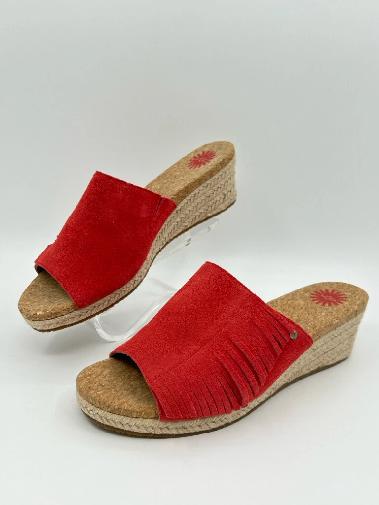 Sandalo UGG Danes Juta Zeppa Slide Taglia 8 Rosso Donna Scamosciato Cord Espadrillas Sughero