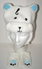 Cute Fuzzy Polar Bear Winter Cap  Gloves New Toddler  Infant Mitten Hat Set