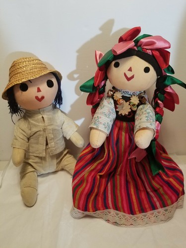 Bambole di straccio messicane fatte a mano Maria Lele ragazzo 15" ragazza 16" arte popolare collana argilla  - Foto 1 di 12