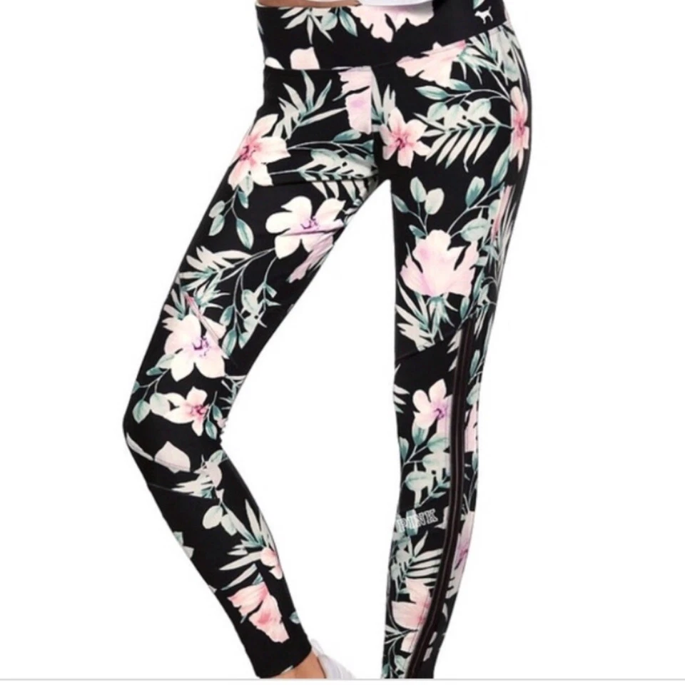 Leggings Pink Victorias Secret Mujer XS Tropical Malla Rayas Negro Rosa Tobillo Foto 2 de 4