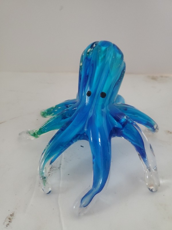 Hand-Blown Murano Style Art Glass Octopus Figurine Cobalt Clear Teal Ocean Sea