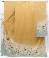 JAPANESE KIMONO FURISODE OCHRE 170cm 5 ft 7 in PURE SILK EE8164