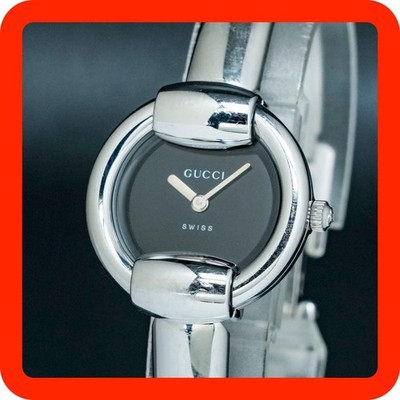 [N-NEUWERTIG] GUCCI 1400 L schwarzes Zifferblatt silber runde Form Damen Quar...