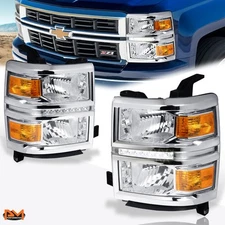 For 14-15 Chevy Silverado W/LED DRL Headlight Chrome Housing Amber Corner Pair