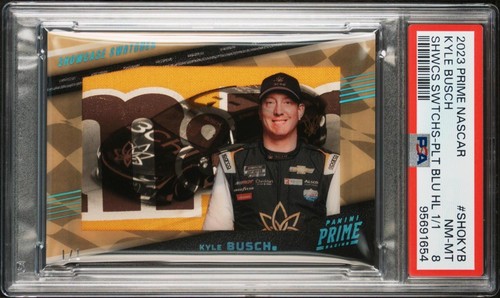 2023 Panini Prime Showcase Swatches Kyle Busch M&M Patch Platinum Blue 1/1 PSA 8