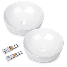 Lot de 2 lavabos de comptoir de salle de bain rond en céramique 16" avec vidange pop up hôtel