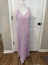 New Eileen Fisher Crushed Silk Pleated V-neck Dress Wild Orchid Sz L