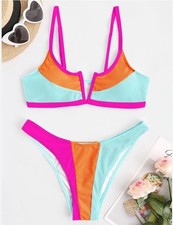Zaful Women's V-Wired Bikini Pink Blue Colorblock Ribbed 2 Piece Swimwear L