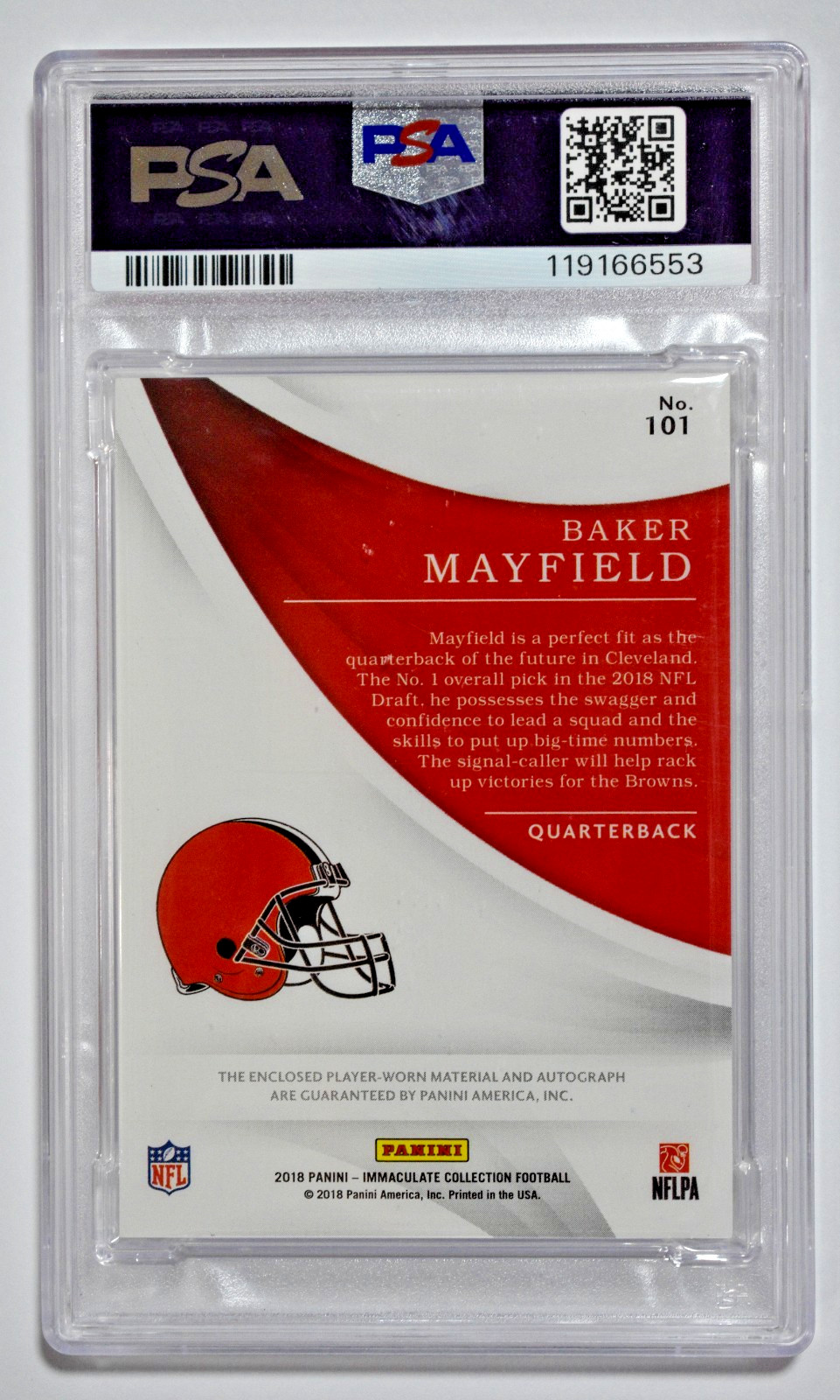 2018 Panini Immaculate #101 Baker Mayfield RC Rookie Patch Auto Gold /25 PSA 8 view 2