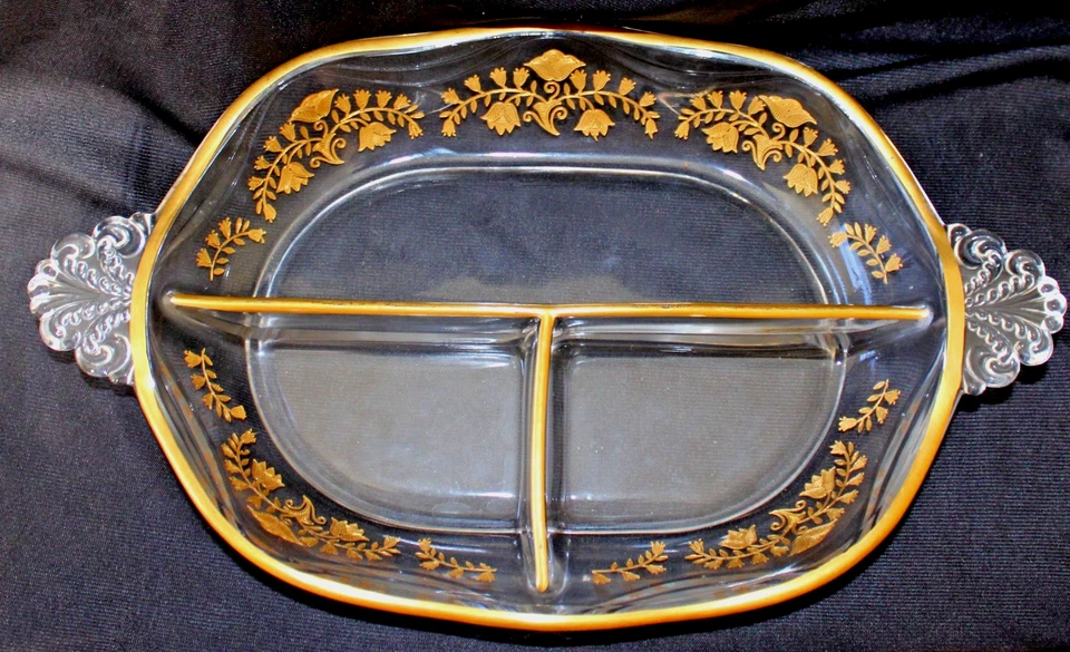 Rare! FOSTORIA DIVIDED 3-PART ETCHED GLASS RELISH DISH 1938 RICHELIEU PATTERN - Image 4 of 4