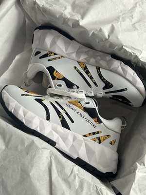 Versace Jeans Couture Baroque White Black Gold Low Top Sneakers Athletic Shoes
