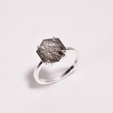 Black Rutile Quartz Hexagon Ring, Sterling Silver Delicate Jewelry