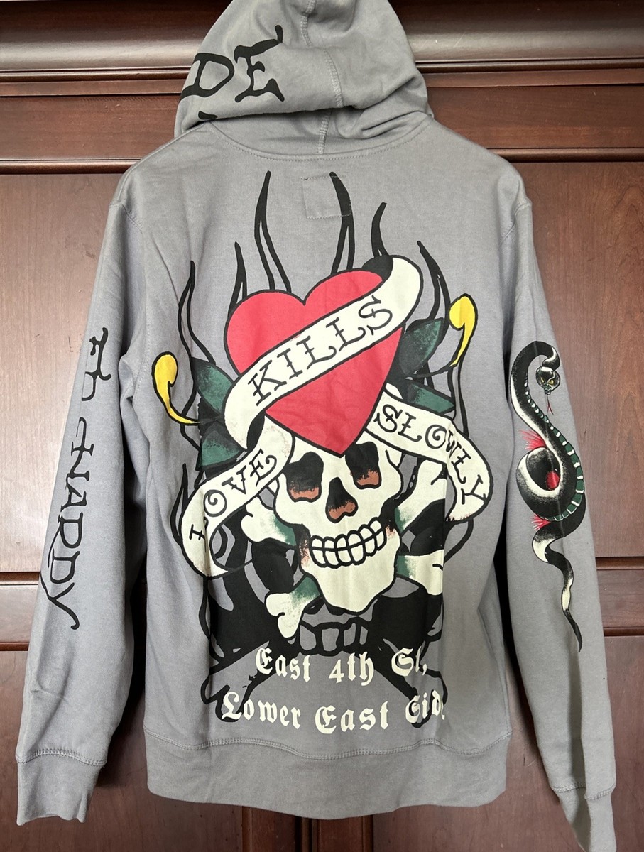 エドハーディ　y2k スカル　ドクロ　ハート ストーン パーカー Ed Hardy Zip Up Hoodie Grey Heart Skull Tattoo Love Kills