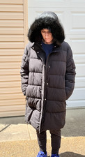 Tommy Hilfiger Women  s XL Puffer Jacket Black Hooded Faux Fur Trim Winter Coat