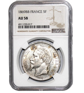 5 Francs Napoléon III 1869 BB gradée AU58 par NGC ! Rare état de conservation $$