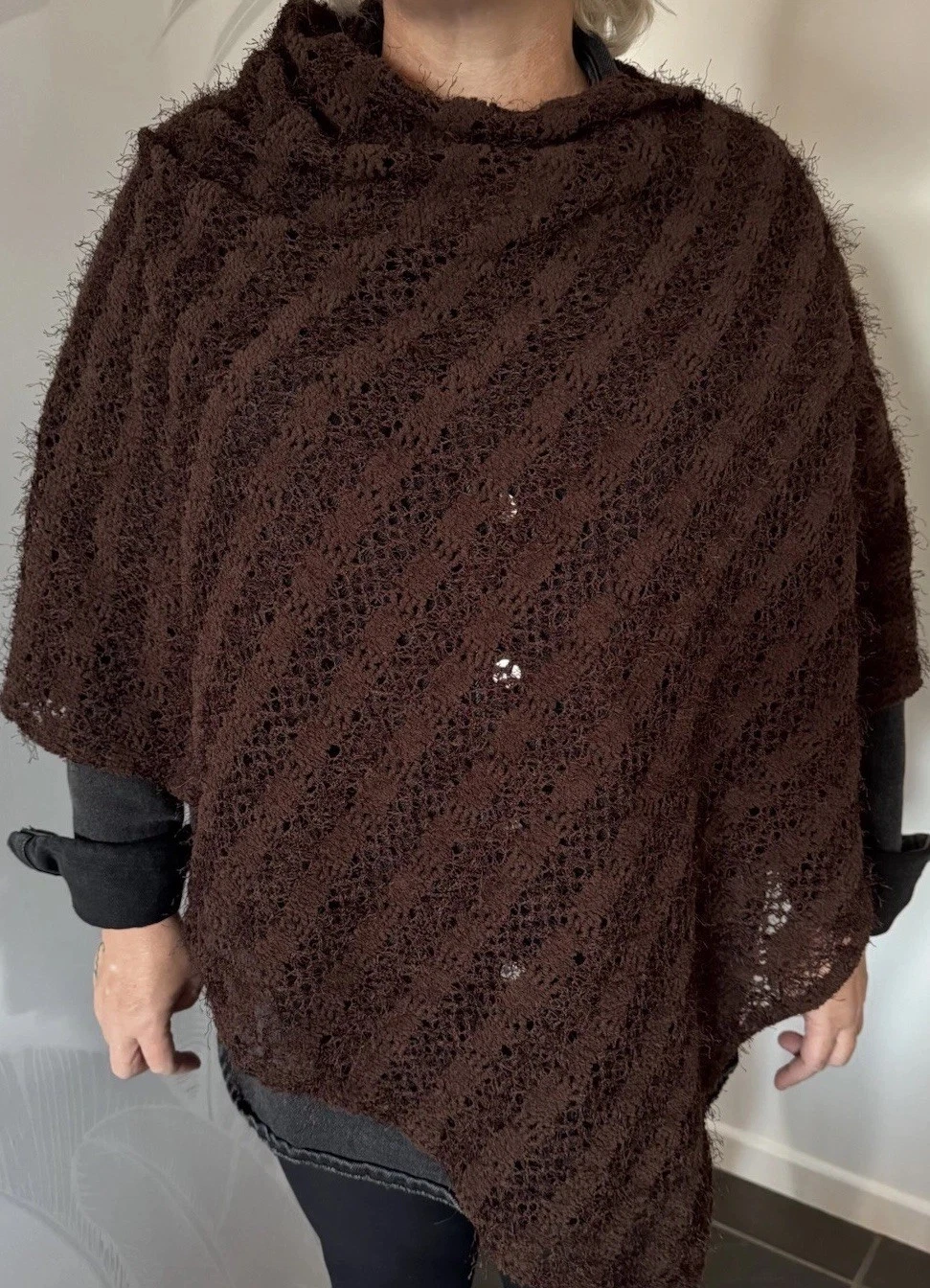 Boho/Retro Handmade Crochet Knit Poncho Shawl New Winter Brown Chocolate
