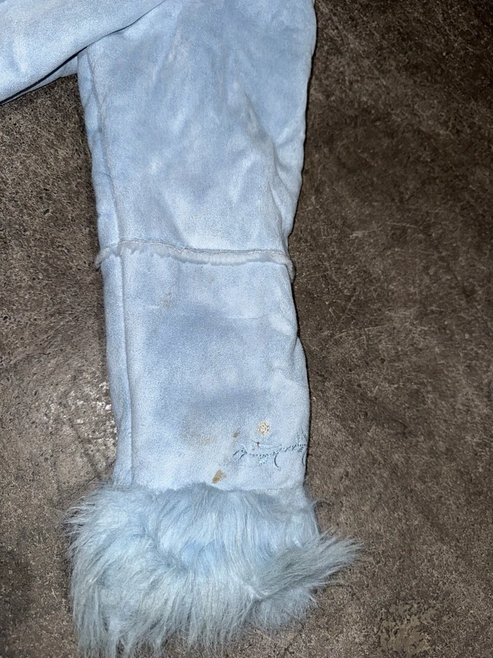 Big Chill Y2K Blue Fur Lined Penny Lane Suede Coat Blue Floral Embroidered 7/8 - Image 4 of 4