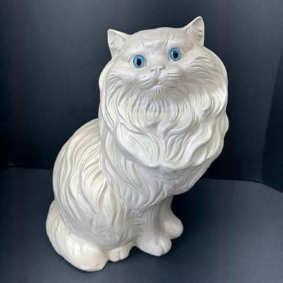 Vintage Life Size White Ceramic Persian Cat Statue 13 Inch Blue Eyes MCM