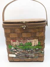 Vtg 1970s Caro-Nan Woven Wood Basket Purse Charleston WV 20th Sternwheel Regatt