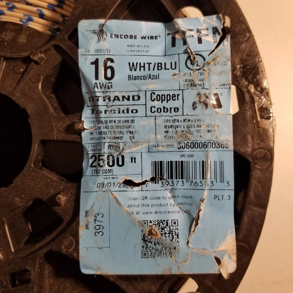 Encore Wire & Cable #16awg Stranded TFFN/AWM/MTW Building Wire WHT/BLU 2500ft - Image 2 of 3