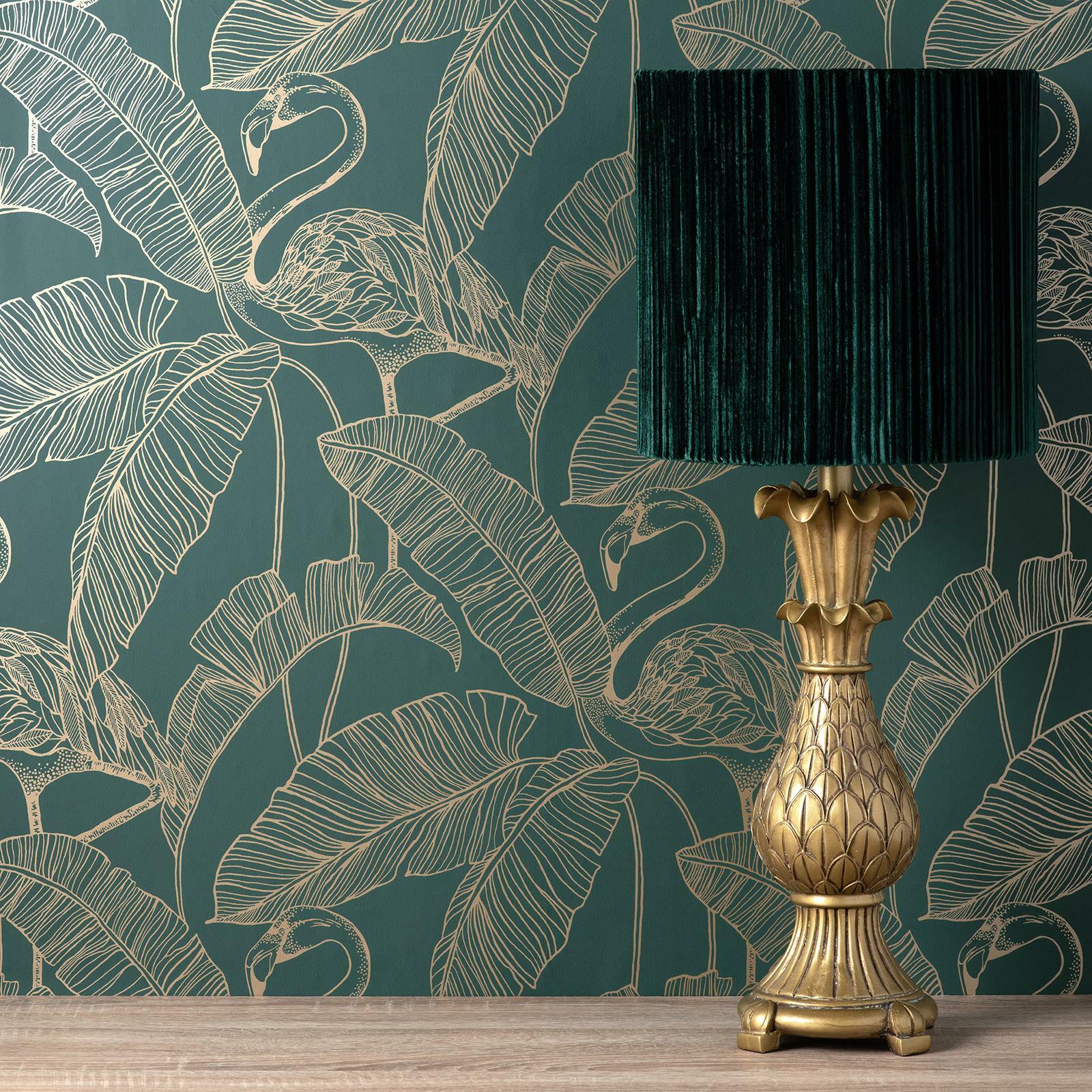 Fenicottero Fine Decor Parati Metallico Esotico Uccelli Palma Foglie Smeraldo