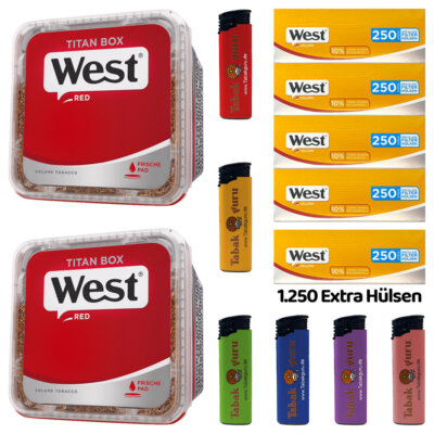 WEST Red/Rot Volumentabak Titan Box 2x 300g, Yellow Extra Hülsen, Feuerzeuge