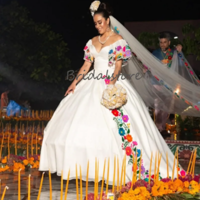 Mexican Wedding Dresses Embroidered Off-Shoulder Short Sleeves Ball Gowns |  eBay