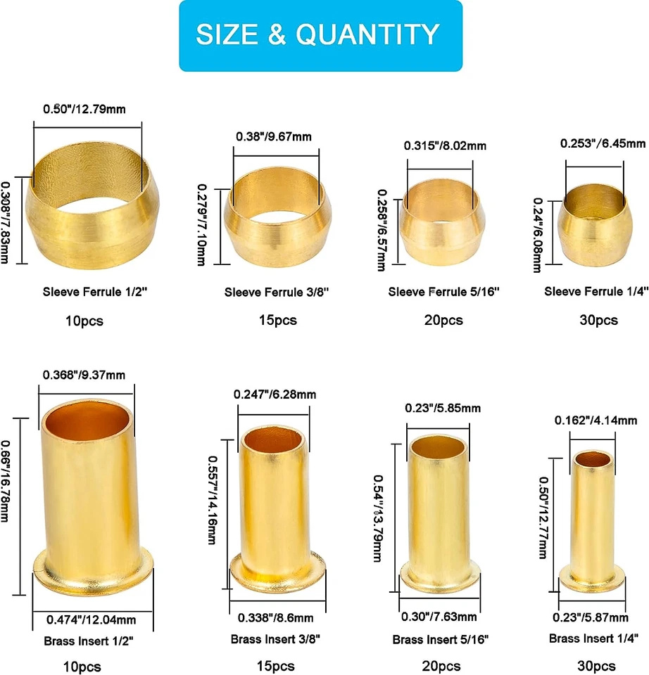 150PCS Tube OD（1/4" 5/16" 3/8" 1/2") Brass Compression Sleeves Ferrules & Insert - Image 2 of 4