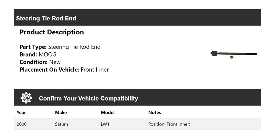 Para Saturn LW1 2000 extremo de barra de dirección interior delantero MOOG Foto 2 de 4