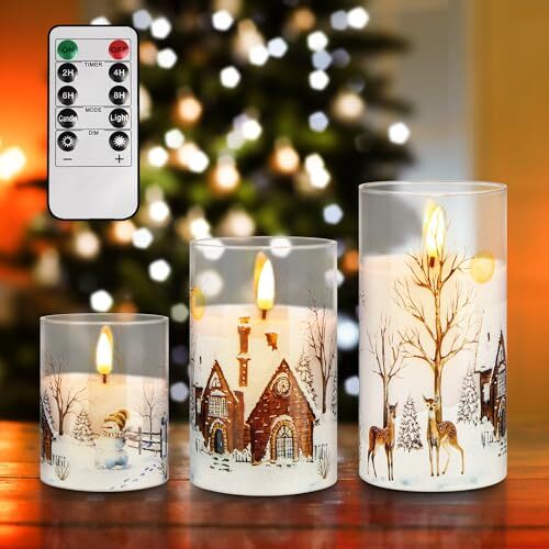 Christmas LED Glass Flameless Candles with Remote and Timer, Real Wax Cream