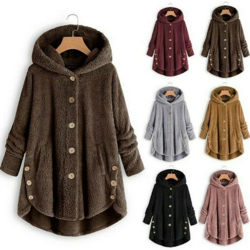 Damen Kapuzen Mantel Jacke Tops Hoodies Flauschig Fleece Kunstfell Plüsch Knopf Vintage - Bild 2 von 28