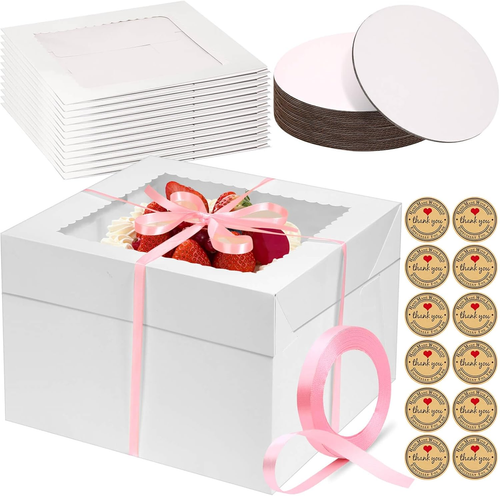 Cake Boxes 12" 12X12X8" 12Pcs Tall Box Window Board Stiker Ribbon Large Baking