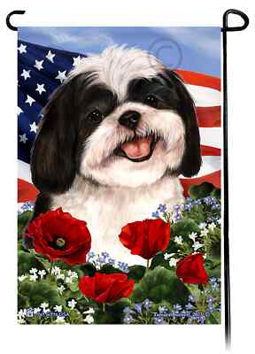 Shih Tzu Patriotic Flowers Garden Flag