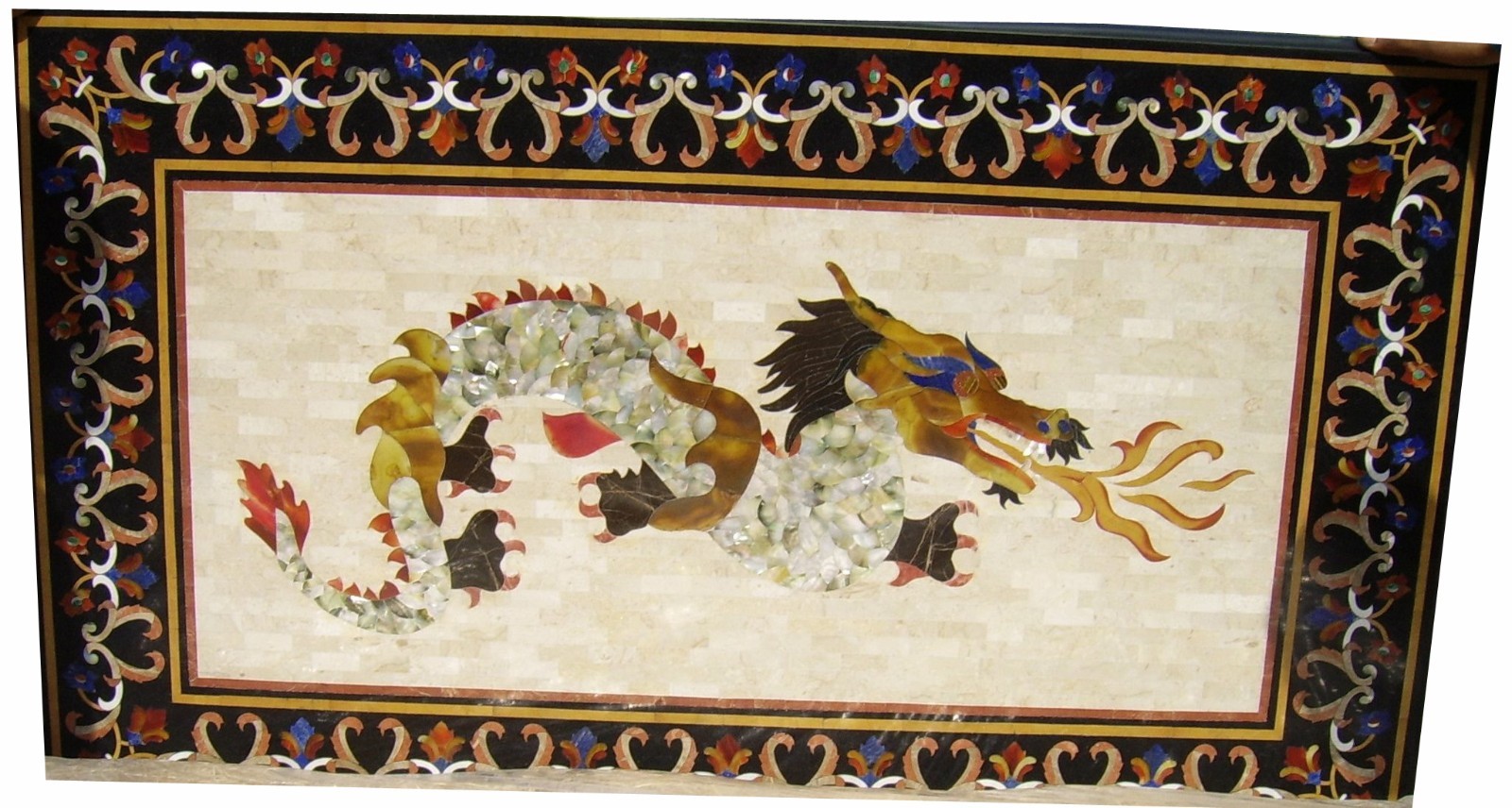 48x30 Black Marble Pietra Dura Dragon Inlay Handcrafted Table Top