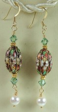 Cloisonne Red Floral Earrings with Crystal  Pearls Handcrafted Jewelry