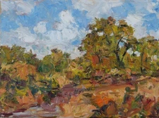 Art Original Oil Painting by RM Mortensen "Fall Landscape" Trees Sky Abstract