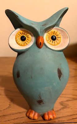 Rustic Teal Owl Figurine w/Distressed Paint & Prominent Yellow Eyes 8''