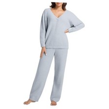 2 Piece Fleece Pajamas for Women Sets V-Neck Outfits Sweater Small Light Blue