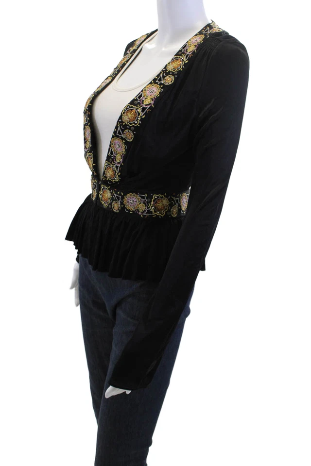 La Rok Women Black Floral V-Neck Bohemian Long Sleeve Blouse Size S - Image 2 of 4