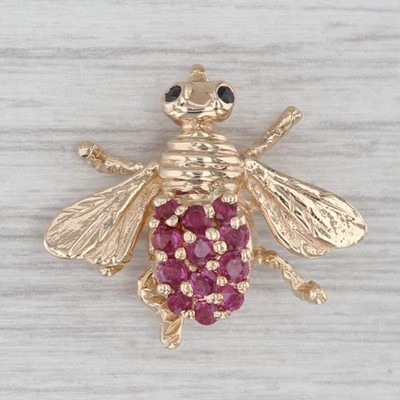 0.58ctw Ruby Sapphire Bee Pin 14k Yellow Gold Brooch Insect Jewelry