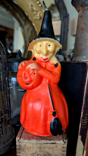 Vintage Gurley Halloween Witch Candle with JOL & broom Pumpkin 8.5" Tall (D7)