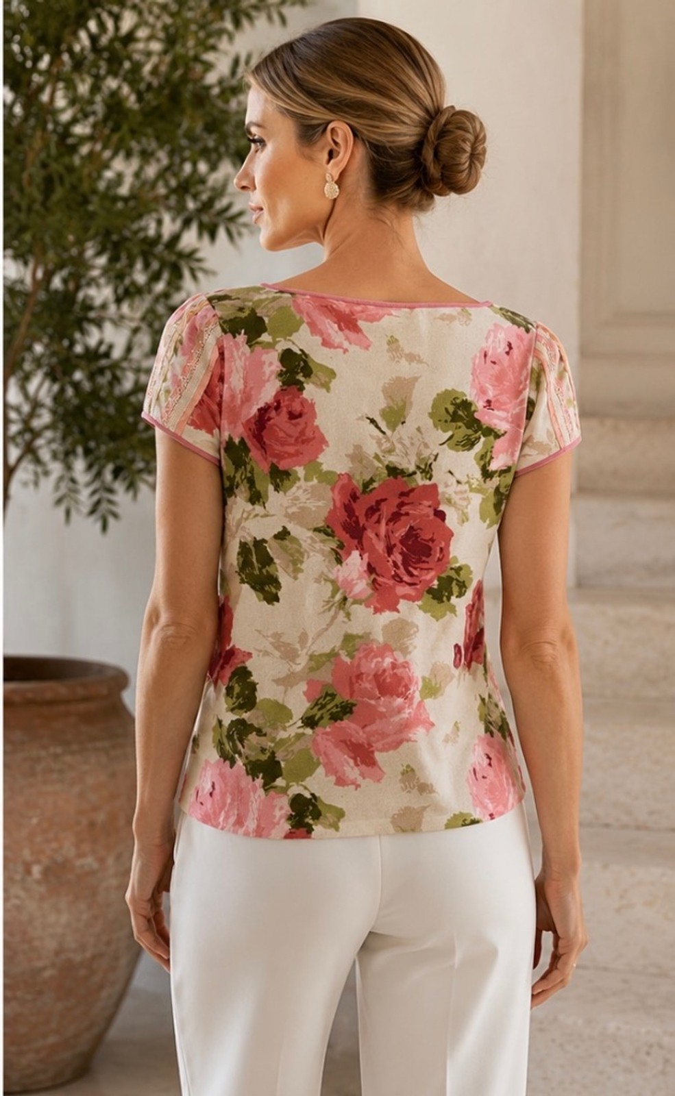 Blumarine Floral Short Sleeve Tee, Size S, Beige and Pink NWT Boho Chic image 2