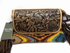 MYRA Bag Harley-Quinn Crossbody, HAND TOOLED, Leather Flap Canvas WESTERN S-4382