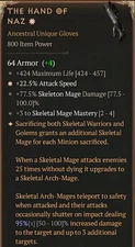 💥DIABLO 4💥SEASON 9💥Necromancer Skeletal Mage Gloves💥The Hand of Naz 1GA 95%