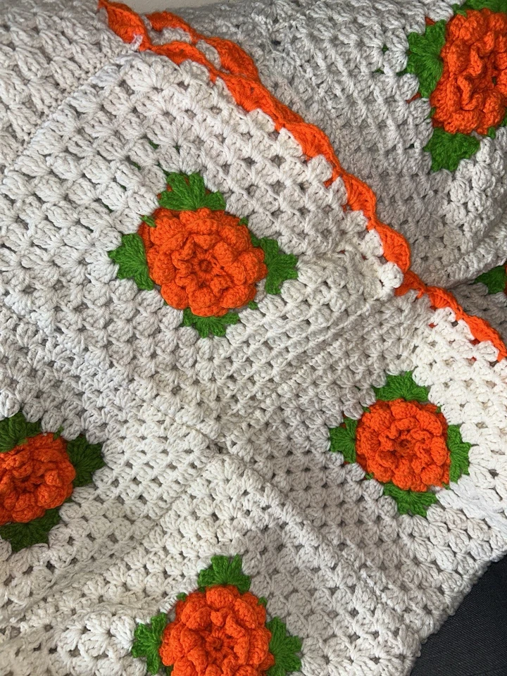 "Manta floral 3D vintage tejida a mano ganchillo abuela casa afgana 74""x78""" Foto 3 de 3