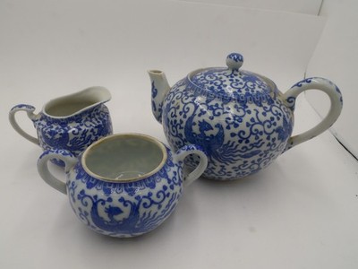 VTG. Porcelain Phoenix Teapot, Sugar  & Creamer Blue/White Japan Missing Lid