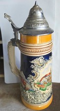 Steingut Bierkrug mit Zinndeckel, Stadtmotive Tiengen/Hochrhein & Engen