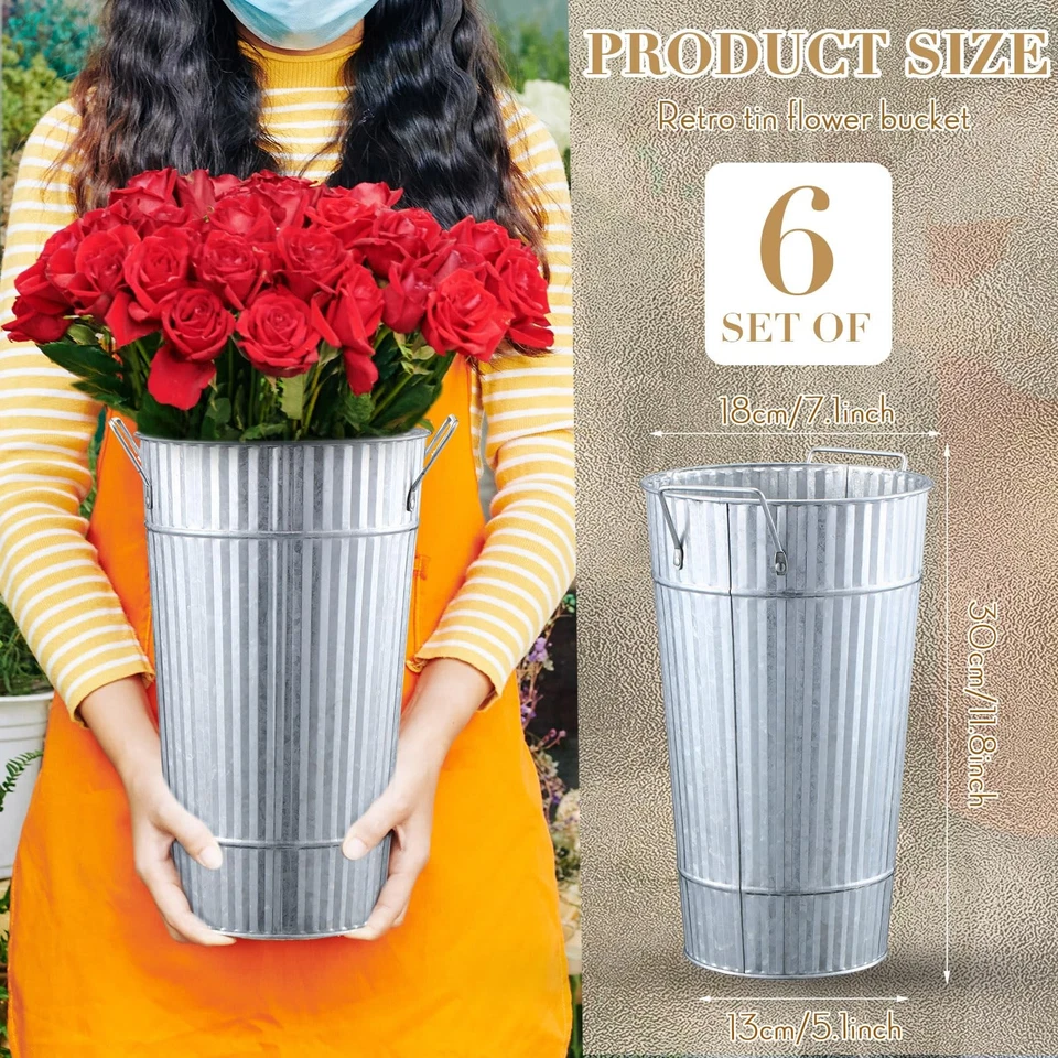 6 Pcs 12 Inch Galvanized Flower Buckets Metal Flower Vases with Handle Farmho... - Image 2 of 4